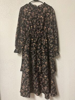 SHEIN Black Floral Midi Dress with Tan and Teal Accents